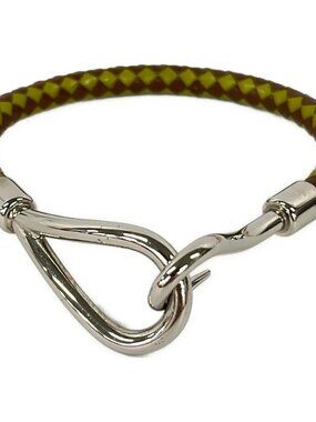 HERMES Jumbo Khaki Brown Silver Leather Hardware None Bracelet